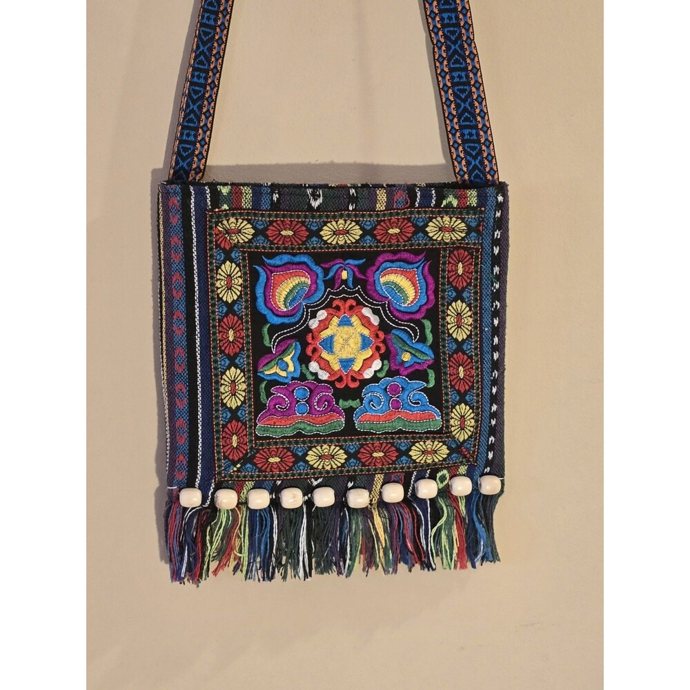 Embroidered Boho Crossbody Bag Colorful Floral Fringe Beaded Purse Festival